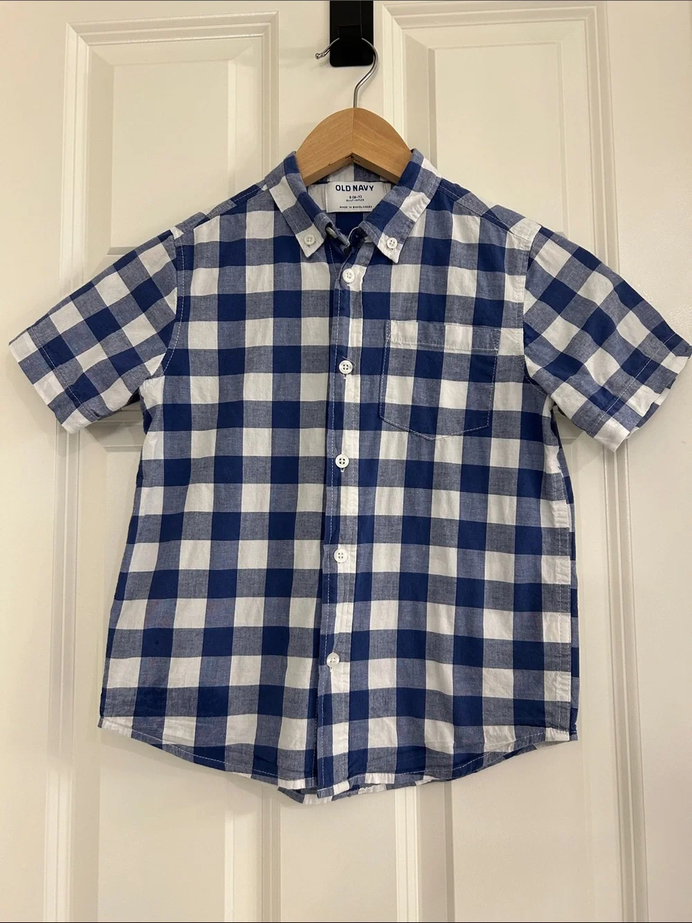 Old Navy Boys Blue White Gingham Short Sleeve Button Down Shirt Size S 6/7